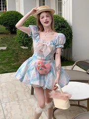 Rainbow Plaid Pattern Bubble Skirt Dress with Short Puff Sleeves