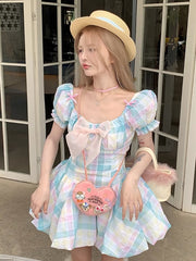 Rainbow Plaid Pattern Bubble Skirt Dress with Short Puff Sleeves