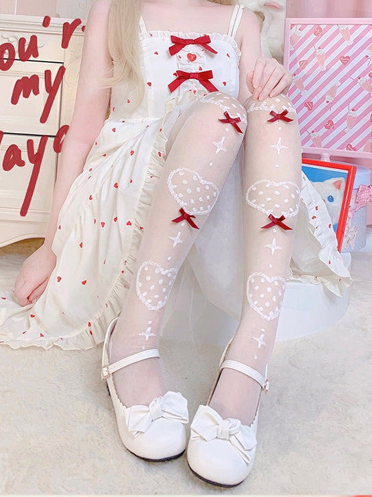 Sweetheart Pattern Solid Color Bowknot Details Over Knee Stockings