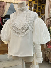 White High Neck  Leg-of-Mutton Sleeves Vintage Lace Blouse