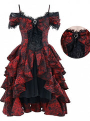 Romantic Goth Dress Cascading Ruffle Trim Wine Red and Black Vampire Dress