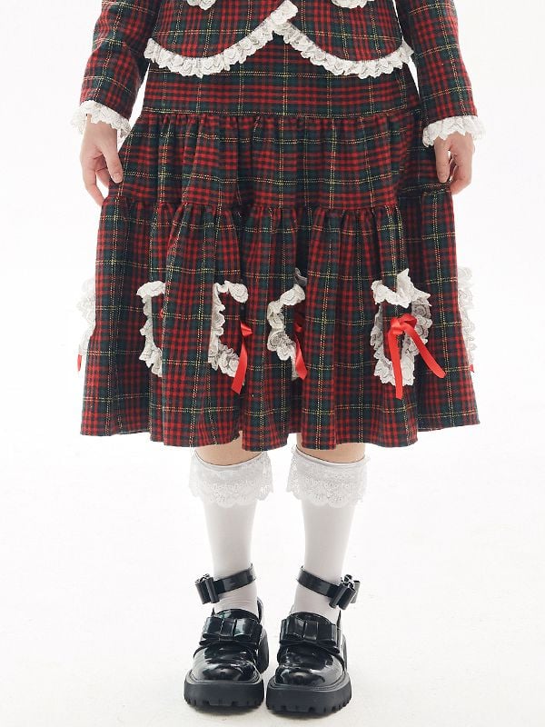 Lace Trim Sweethearts Bowknots Decorated Flounce Hem Wine Red Plaid Skirt