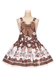 Coffee Chocolate Teddy Bear Print Lace Trim Big Bow Sweet Lolita Dress Jumper Skirt