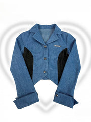 Notched Collar Colorblock Design Denim Cropped Blazer