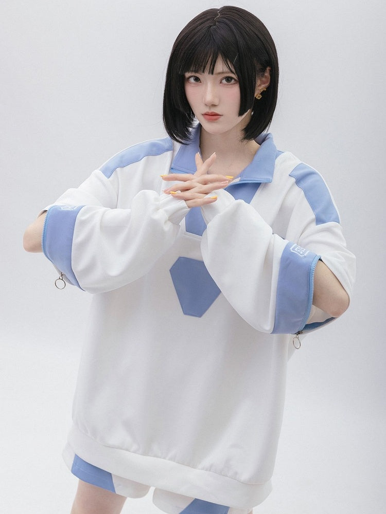Tenshi Kaiwai Light Blue and White Zip Design Sleeves Sweatshirt