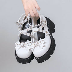 Dark Wings Silver-tone Studs Heart-shaped Buckle Wings Design PU Polished White Platforms