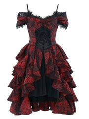 Romantic Goth Dress Cascading Ruffle Trim Wine Red and Black Vampire Dress