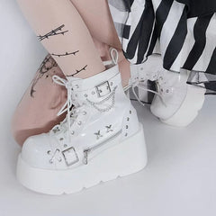 White Platform Ankle Boots Silver-toned Grommet Studs Buckle Straps Martens