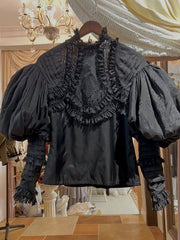 Black High Neck  Leg-of-Mutton Sleeves Vintage Lace Blouse