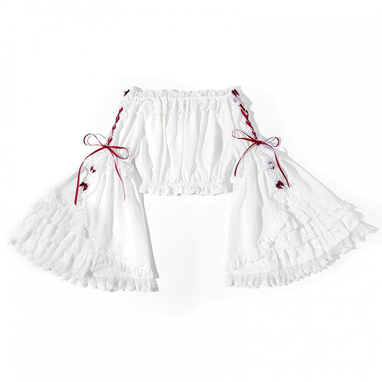 White Ruffle Design Red Lace-up Strap Bell Long Sleeves Blouse