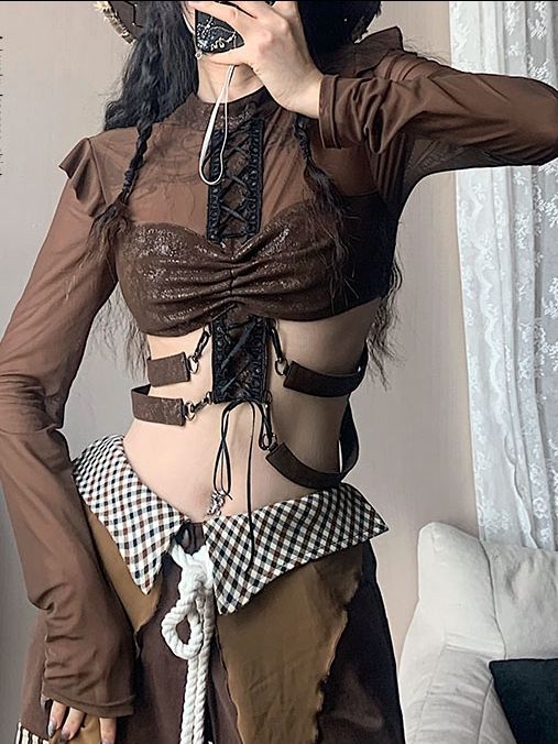 Wasteland Punk Brown PU Cropped Top with Semi-Sheer Sleeves and Straps