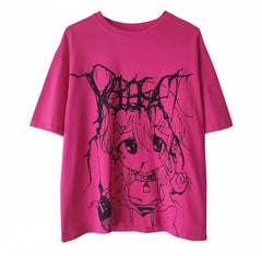 Rose Red/White Round Neck Graphic T-shirt