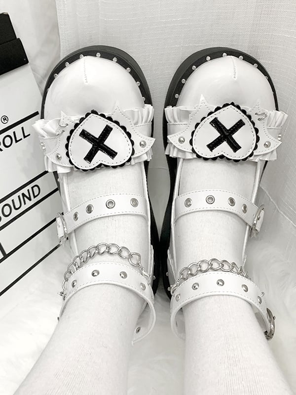 Sweetheart Sanctuary Heart-shaped Buckle Straps Chain Decorated PU White Lolita Platforms