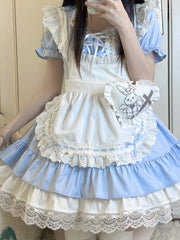 Sweet Lolita Maid Dress in Blue | Lace-Up Back & Detachable Apron with Heart Brooch