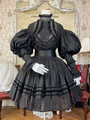 Black High Neck  Leg-of-Mutton Sleeves Vintage Lace Blouse