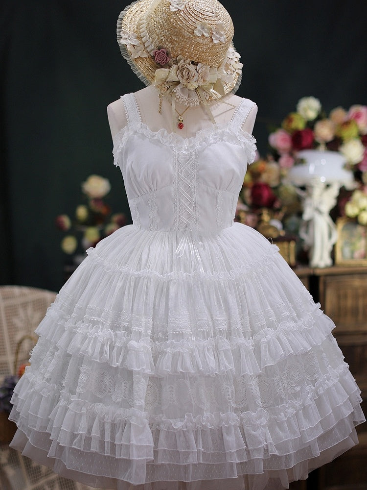 White Summer Dress Ruffle Hem Jumper Skirt