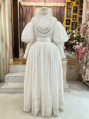 White High Neck  Leg-of-Mutton Sleeves Vintage Lace Blouse