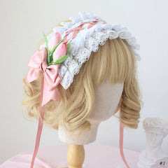 Pink Handmade Tulip Design Lace Bowknot Details Hairband/Straw Hat/Bag