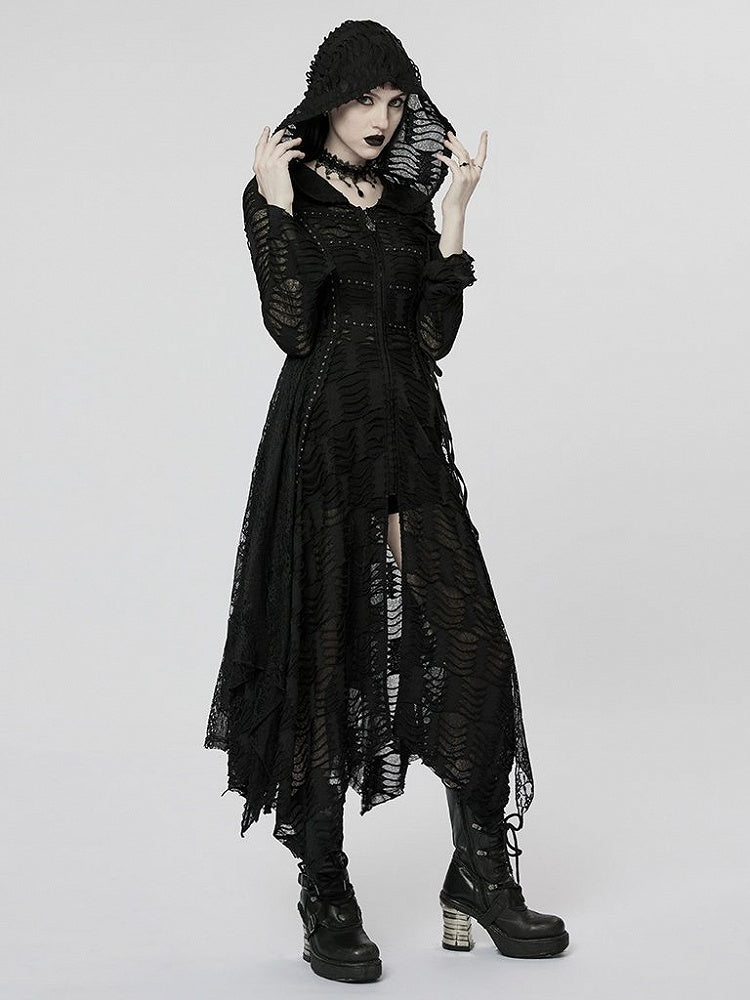 Black Wizard Hooded Coat Lace-up Detail