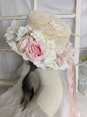 Handmade Flower Details Bow Lace Lolita Straw Hat