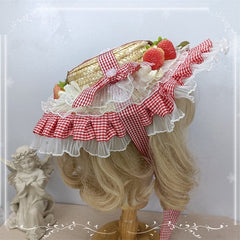 Clearance - Strawberries Red Plaid Lace Trim Straw Hat