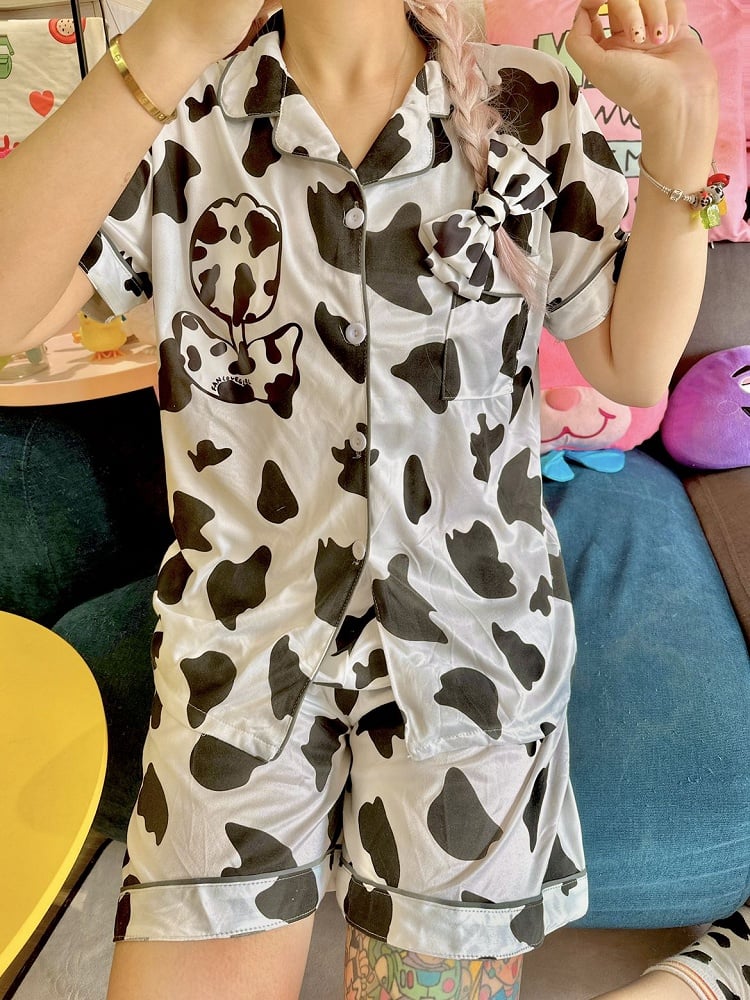 Spotted Print Pajama Set Contrast Black Trim