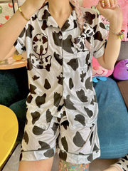 Spotted Print Pajama Set Contrast Black Trim