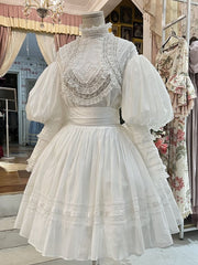 White High Neck  Leg-of-Mutton Sleeves Vintage Lace Blouse