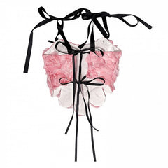 Pink Roses Tank Top with Bowknot Details