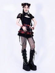 God's Salvation Buckled Open Shoulders Black Lace Gothic Top