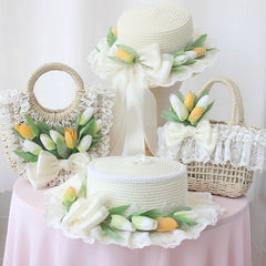 White Handmade Tulip Design Lace Bowknot Details Straw Hat/Bag