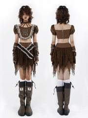 Wasteland Punk Brown Halter Neck Cropped Top with Bear Embroidery and Sleeves