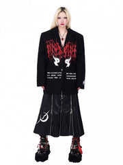 Thorns and Letters Print Padded Shoulders Black Blazer