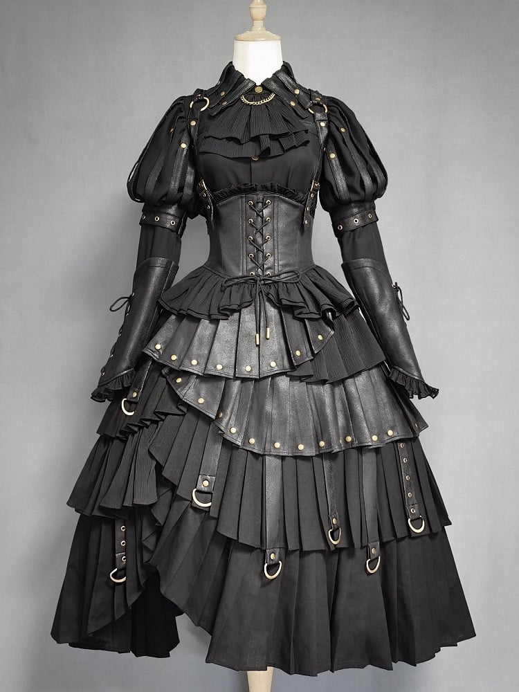 Clearance - Size 2XL for Waist 86-104cm Black Gothic Lolita Under Bust Corset High Waist Layered Pleated Skirt with Shoulder Straps