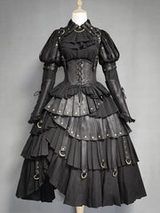 Clearance - Size 2XL for Waist 86-104cm Black Gothic Lolita Under Bust Corset High Waist Layered Pleated Skirt with Shoulder Straps