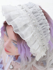 White Beads Decorated Ruffle Trim Hairband