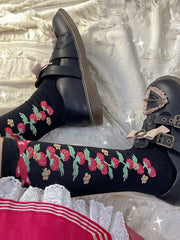 Sweet Strawberries Pattern Underknee Stockings White/Black/Pink