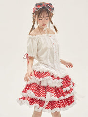 Red Polka-dot Pattern Tiered Skirt Asymmetrical Hem