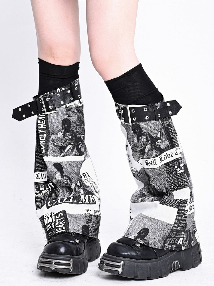 Punk Newspaper Print Design Light Grey  Leg Warmers