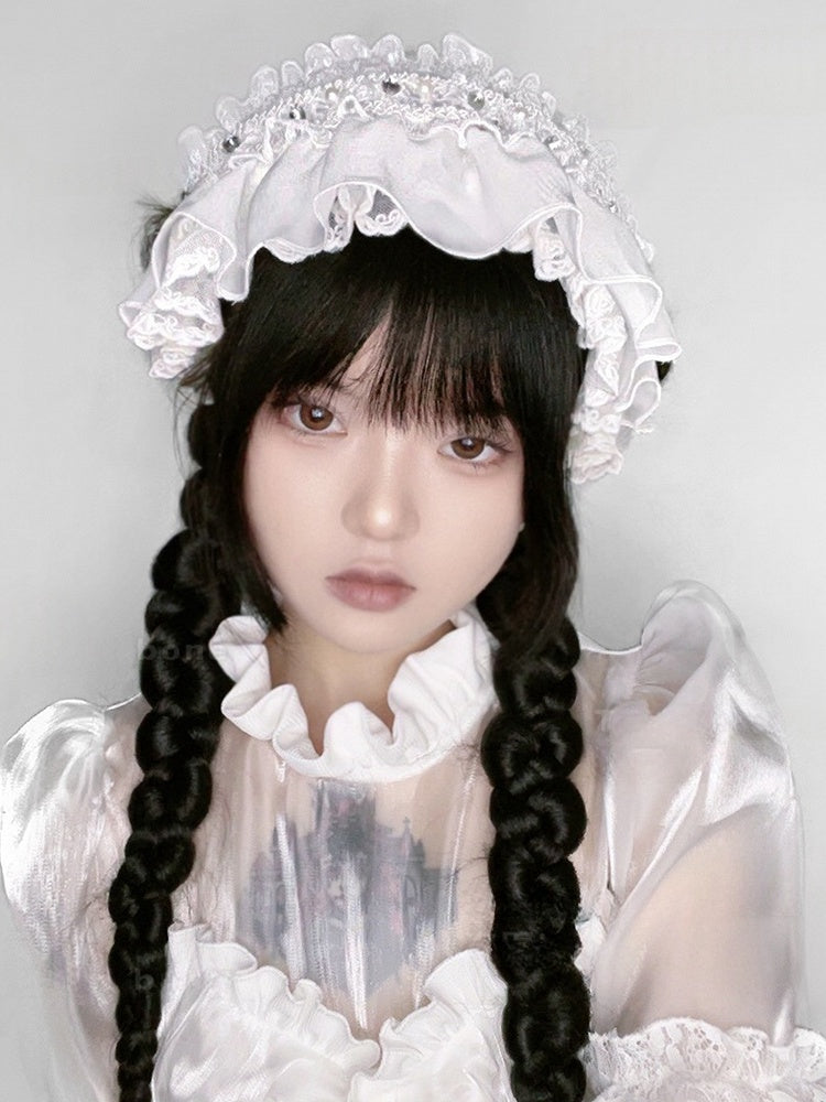 White Beads Decorated Ruffle Trim Hairband