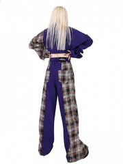 Plaid Patchwork Design  Zip Cuffs Purple Wide Leg Pants