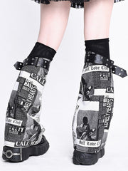 Punk Newspaper Print Design Light Grey  Leg Warmers