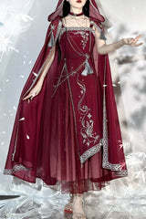 Wine Red Midi Dress Butterfly Embroidery and Chain