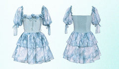Puff Sleeves Blue Tie-dye Rosette Design Dress Tiered Skirt