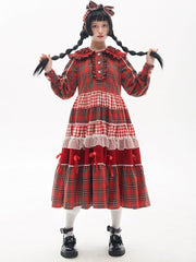 Peter Pan Collar Bowknot Details Patchwork Design Flounce Hem Red Plaid Dress