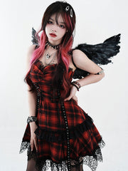 Red Plaid Pattern Sweetheart Neckline Slip Dress