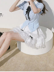 Sweet Blue Striped Puff Sleeves Shirt