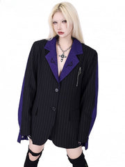 Patchwork Design Crescent Moon Embroidery Black＆Purple Blazer