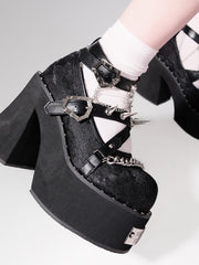 Studs Design Lace Black High Block Heel Platforms Round Toe Punk Shoes