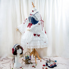 White Ruffle Design Red Lace-up Strap Bell Long Sleeves Blouse